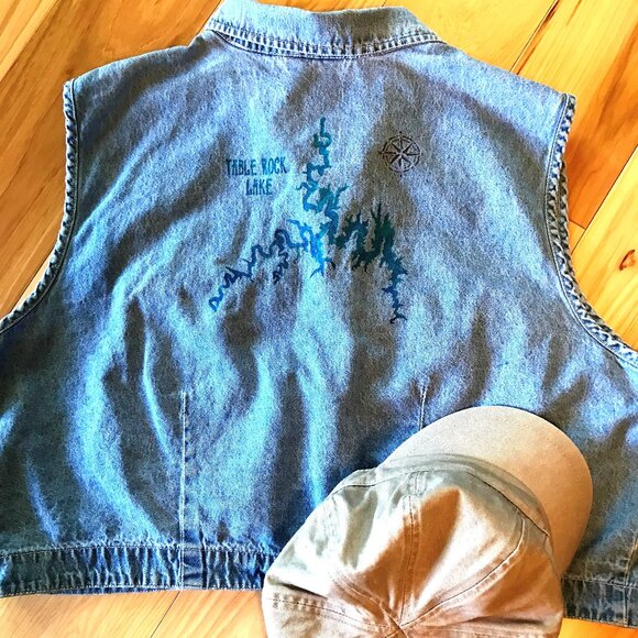 Upcycled Cropped Denim Vest: Painted Table Rock Lake Map, Plus Size - Picture 6 of 10
